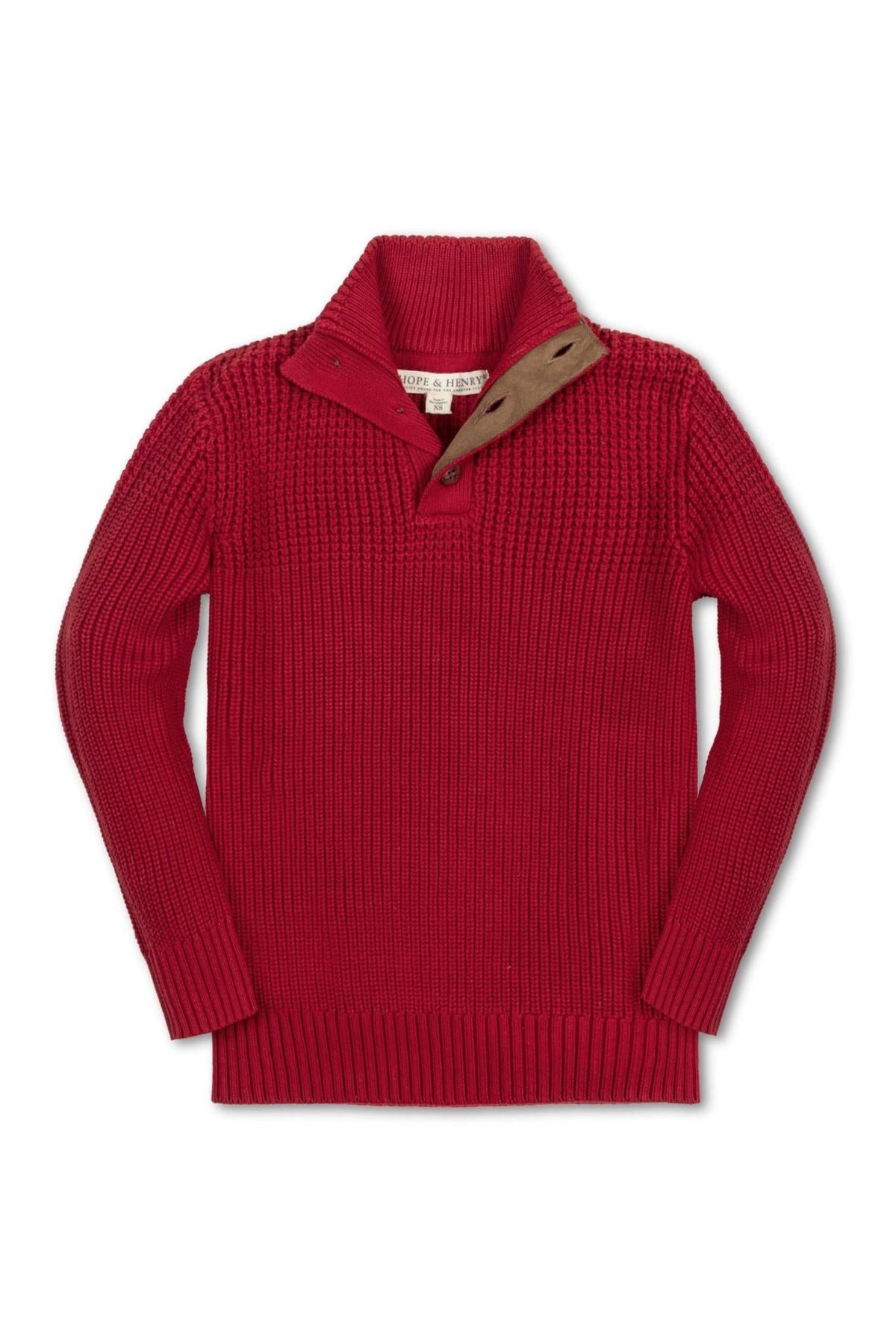 A vibrant red mock neck sweater for baby boys, made from soft organic cotton, featuring a mixed stitch design and faux suede elbow patches. Perfect for stylish, eco-conscious outfits.