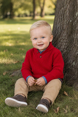 A smiling toddler sits against a tree, wearing a bright red mock neck sweater and beige pants. The soft, organic cotton sweater features a textured knit, perfect for autumn outings.