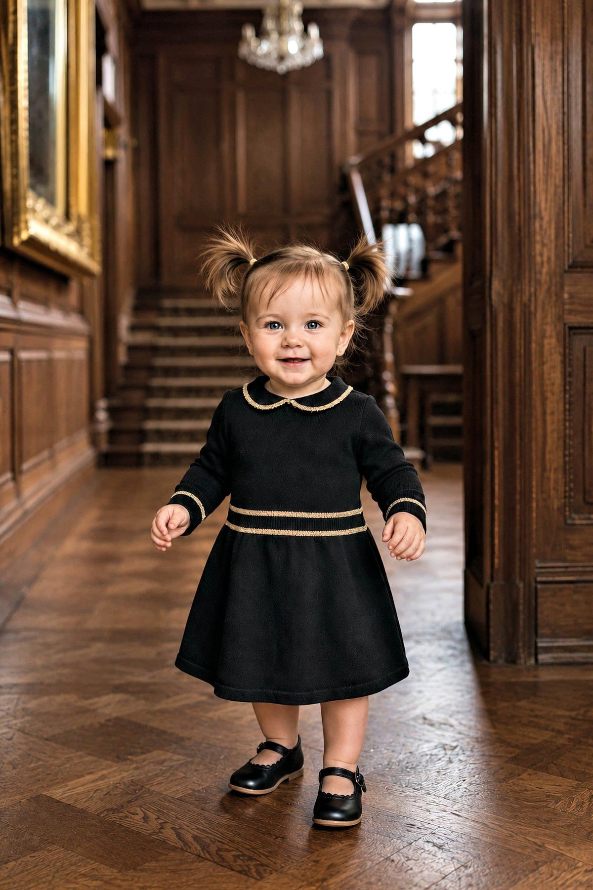 A toddler wears a black organic cotton sweater dress with a gold-tipped collar, standing and smiling in an elegant wood-paneled hallway.