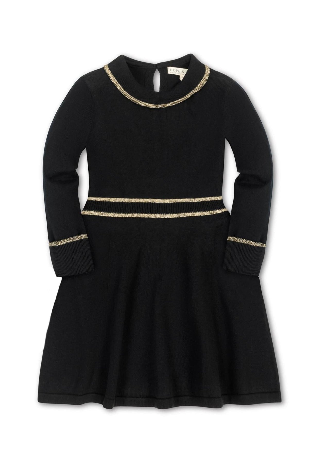 A black organic cotton sweater dress features gold tipping along the collar, cuffs, and waist, designed for toddlers and kids. The elegant style is perfect for special occasions.