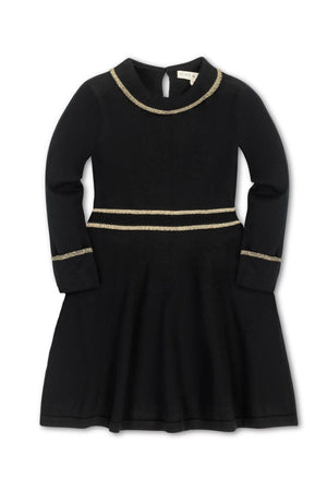 A black organic cotton sweater dress features gold tipping along the collar, cuffs, and waist, designed for toddlers and kids. The elegant style is perfect for special occasions.