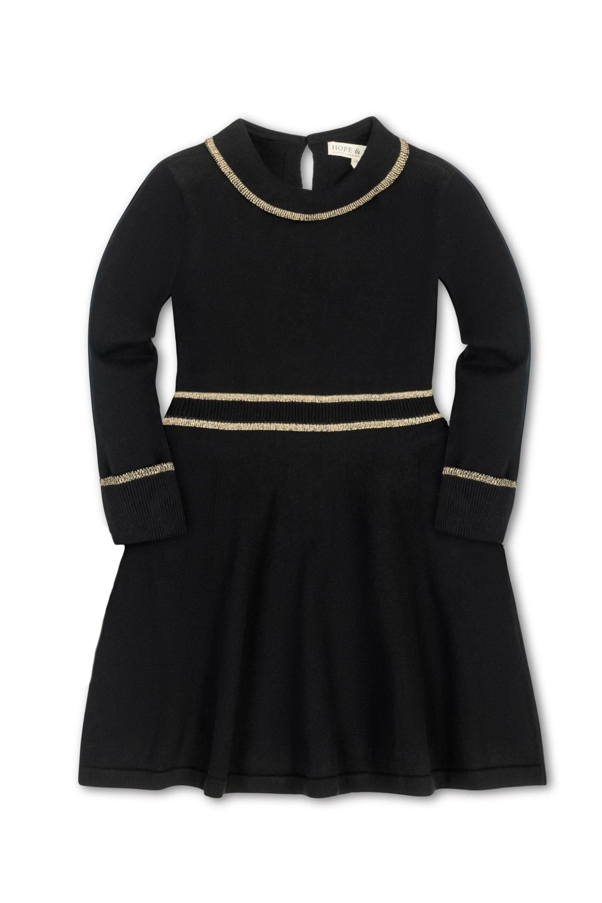 A black sweater dress featuring long sleeves and gold tipped detailing around the neckline and waist, designed for babies.