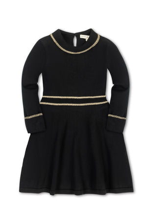 A black sweater dress featuring long sleeves and gold tipped detailing around the neckline and waist, designed for babies.