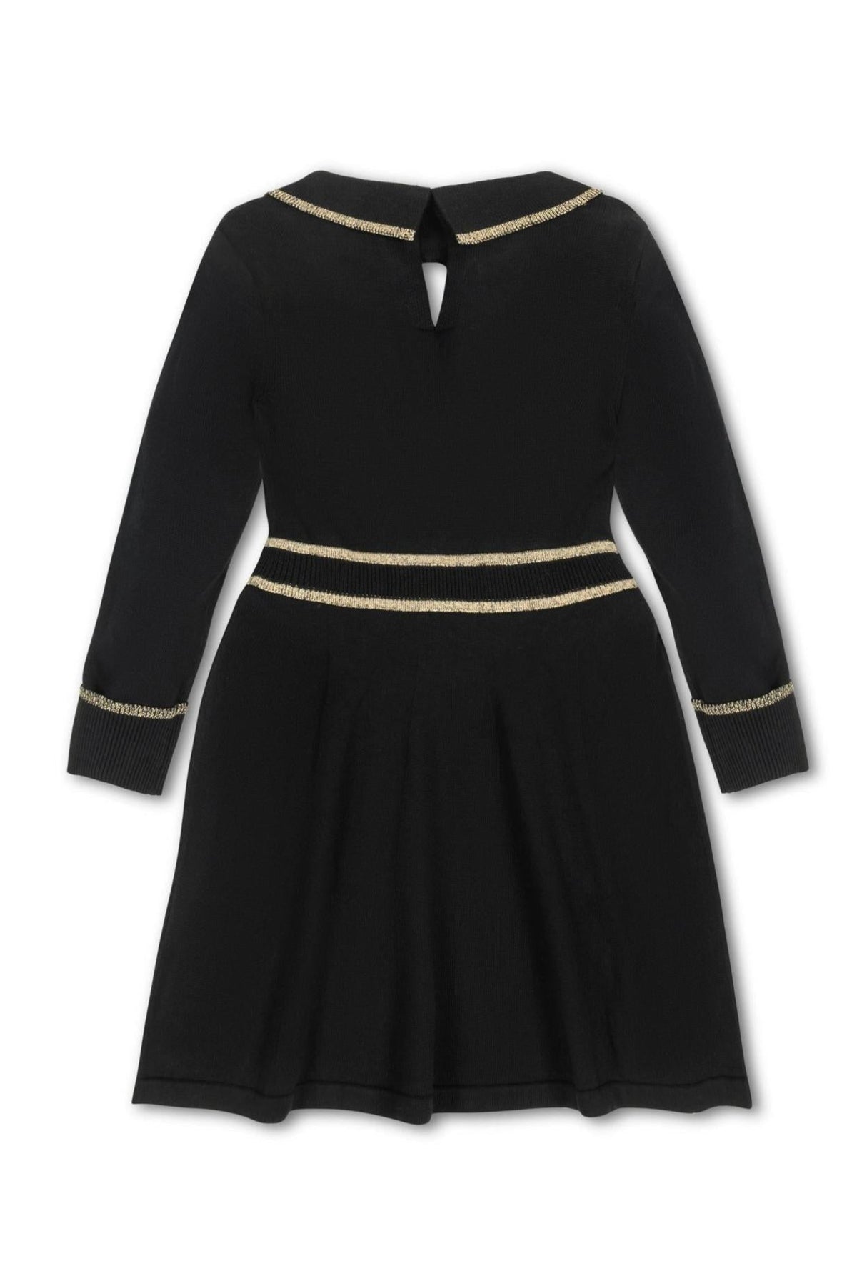 Back view of a black organic cotton sweater dress for girls, featuring gold tipping along the collar, cuffs, and waist, with a keyhole button closure at the back.