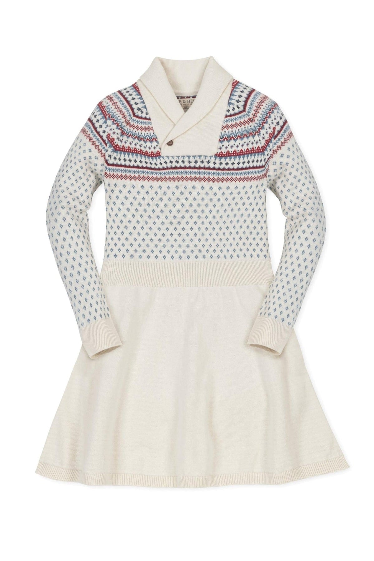 Ivory organic cotton sweater dress featuring a shawl collar, Fair Isle pattern, and a twirly skirt design for babies.