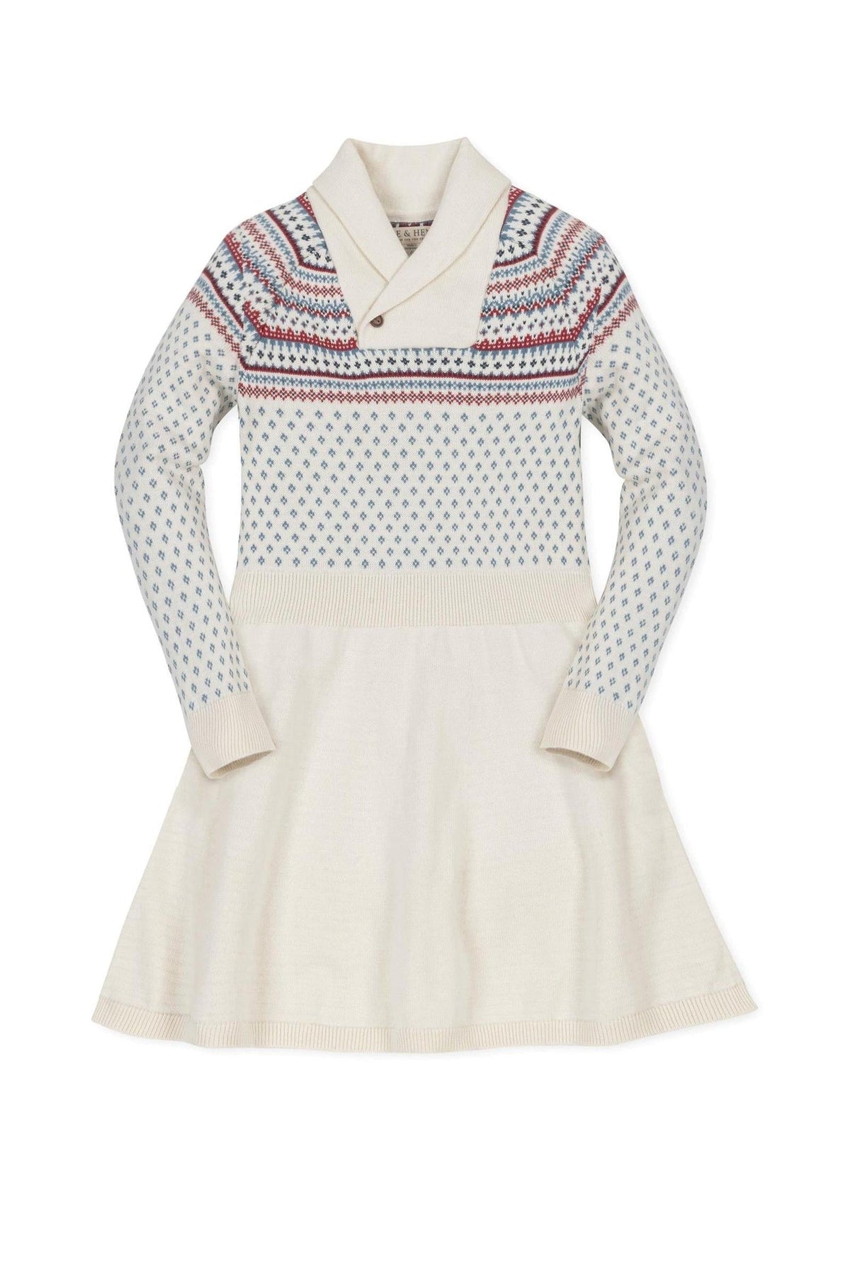 Ivory organic cotton sweater dress featuring a shawl collar, Fair Isle patterns, and long sleeves, suitable for toddlers and kids.