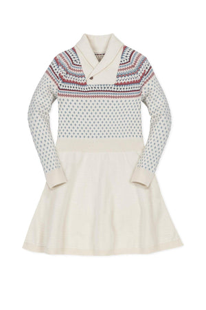 Ivory organic cotton sweater dress featuring a shawl collar, Fair Isle patterns, and long sleeves, suitable for toddlers and kids.