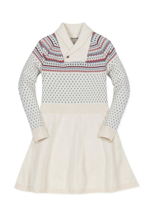 Ivory organic cotton sweater dress featuring a shawl collar, Fair Isle pattern, and a twirly skirt design for babies.