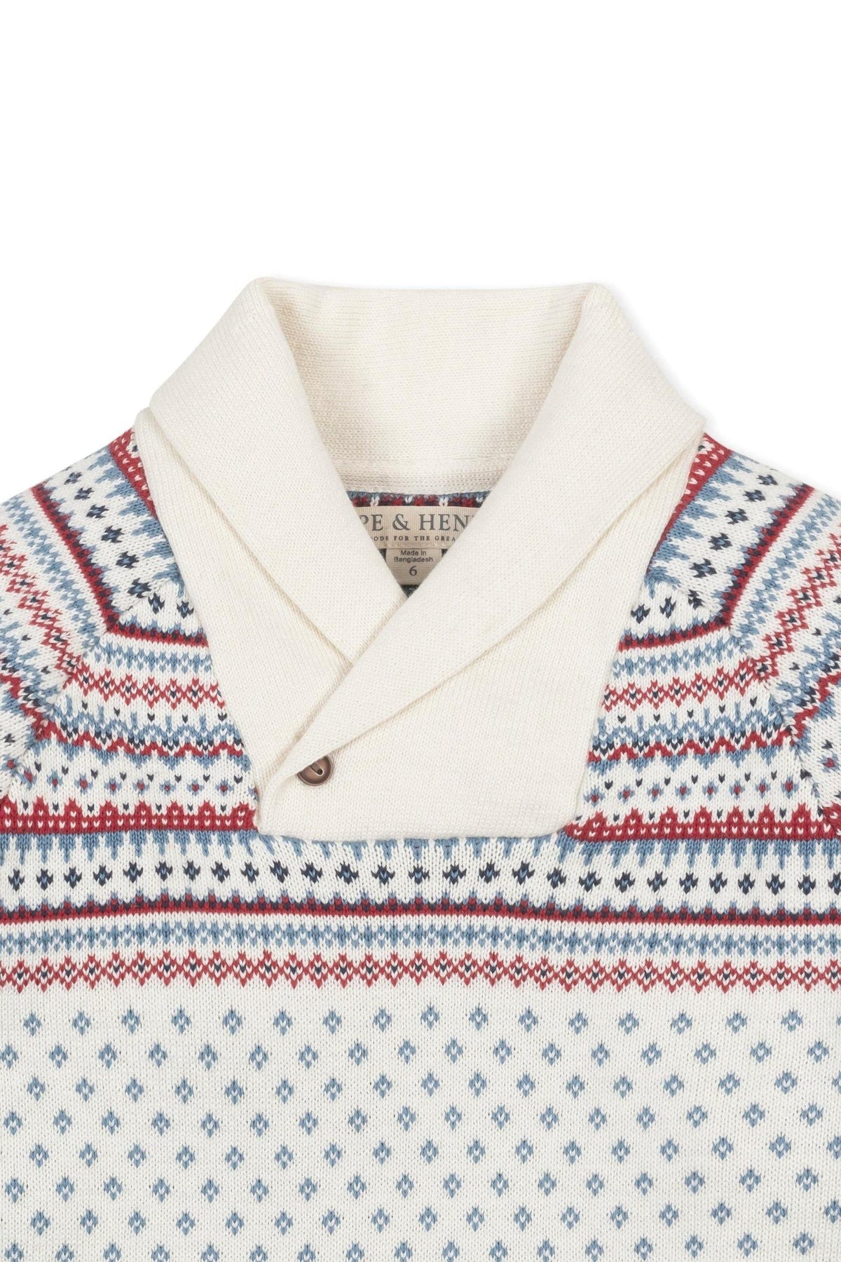 Shawl collar sweater dress in ivory with Nordic-inspired patterns in red and blue. Made from organic cotton for kids.