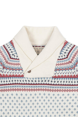 Shawl collar sweater dress in ivory with Nordic-inspired patterns in red and blue. Made from organic cotton for kids.