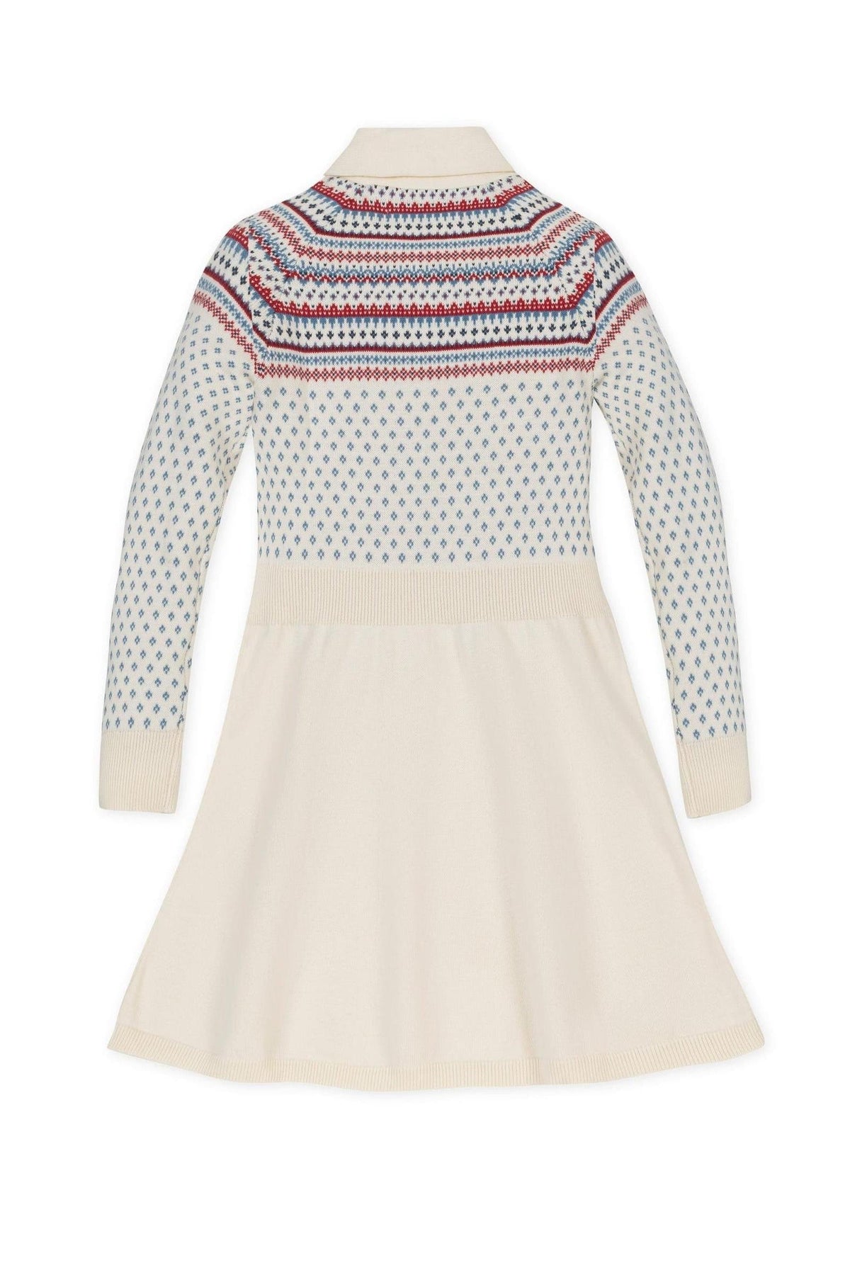 Back view of an ivory organic cotton sweater dress with a shawl collar and colorful Nordic patterns on the top.