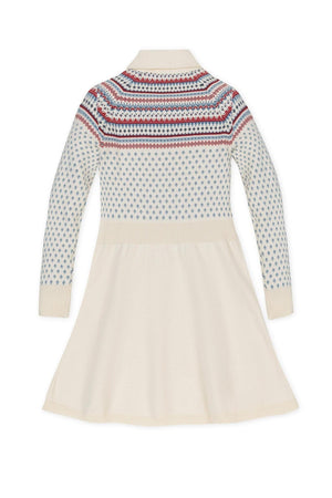 Back view of an ivory organic cotton sweater dress with a shawl collar and colorful Nordic patterns on the top.