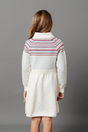 Back view of a cream sweater dress with a shawl collar, featuring a fair isle pattern in red and blue.