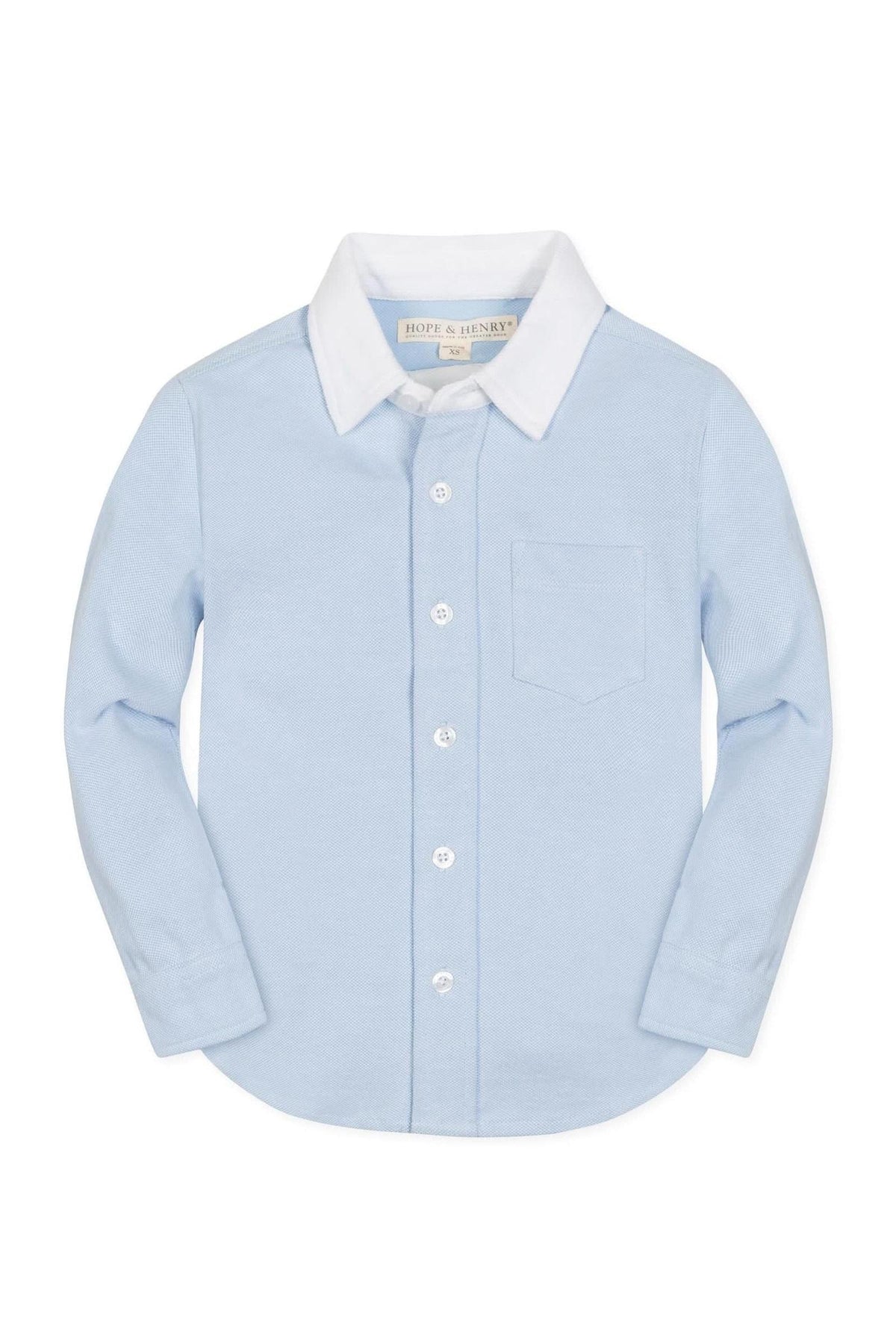 Light blue button-down shirt by Hope & Henry, made from organic cotton. Features a classic collar, front pocket, and tailored fit, suitable for ages 2T to 10.