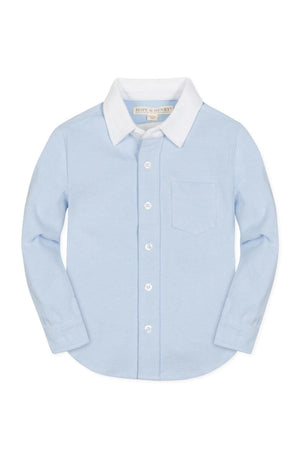 Light blue button-down shirt by Hope & Henry, made from organic cotton. Features a classic collar, front pocket, and tailored fit, suitable for ages 2T to 10.