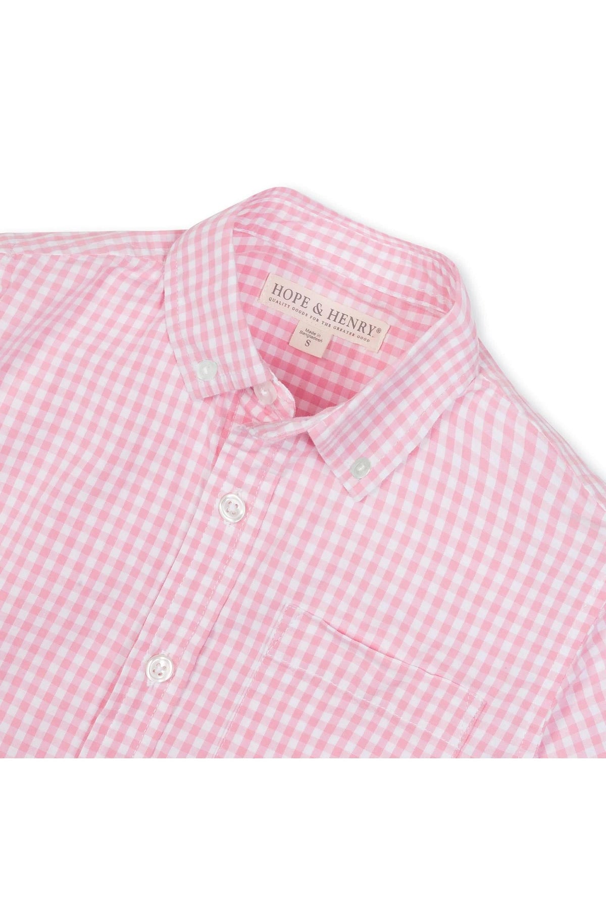 A classic pink gingham button-down shirt from Hope & Henry, featuring a soft collar and chest pocket. Made from organic cotton, it’s perfect for boys aged 2T to 18/20.
