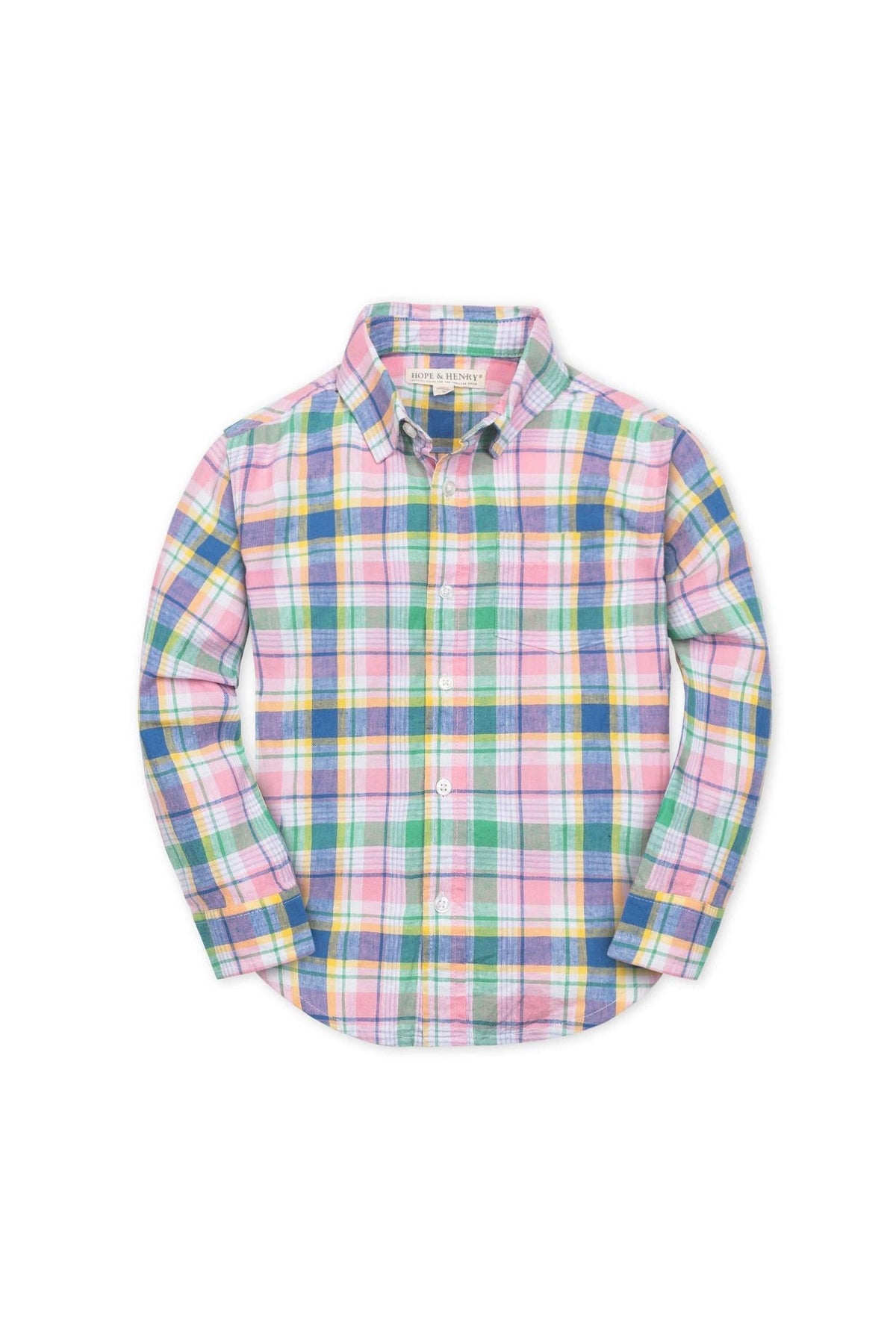 Colorful plaid button-down shirt featuring pink, green, yellow, and blue hues, made from soft organic cotton.