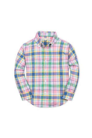 Colorful plaid button-down shirt featuring pink, green, yellow, and blue hues, made from soft organic cotton.