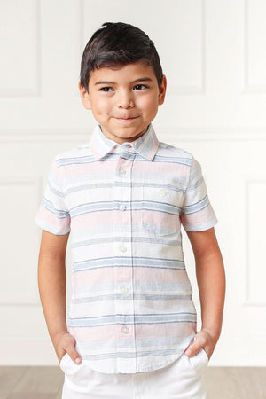 A young boy models a short-sleeve, striped button-down shirt in pastel colors. The shirt features a classic collar and buttons, perfect for casual or dressy occasions.