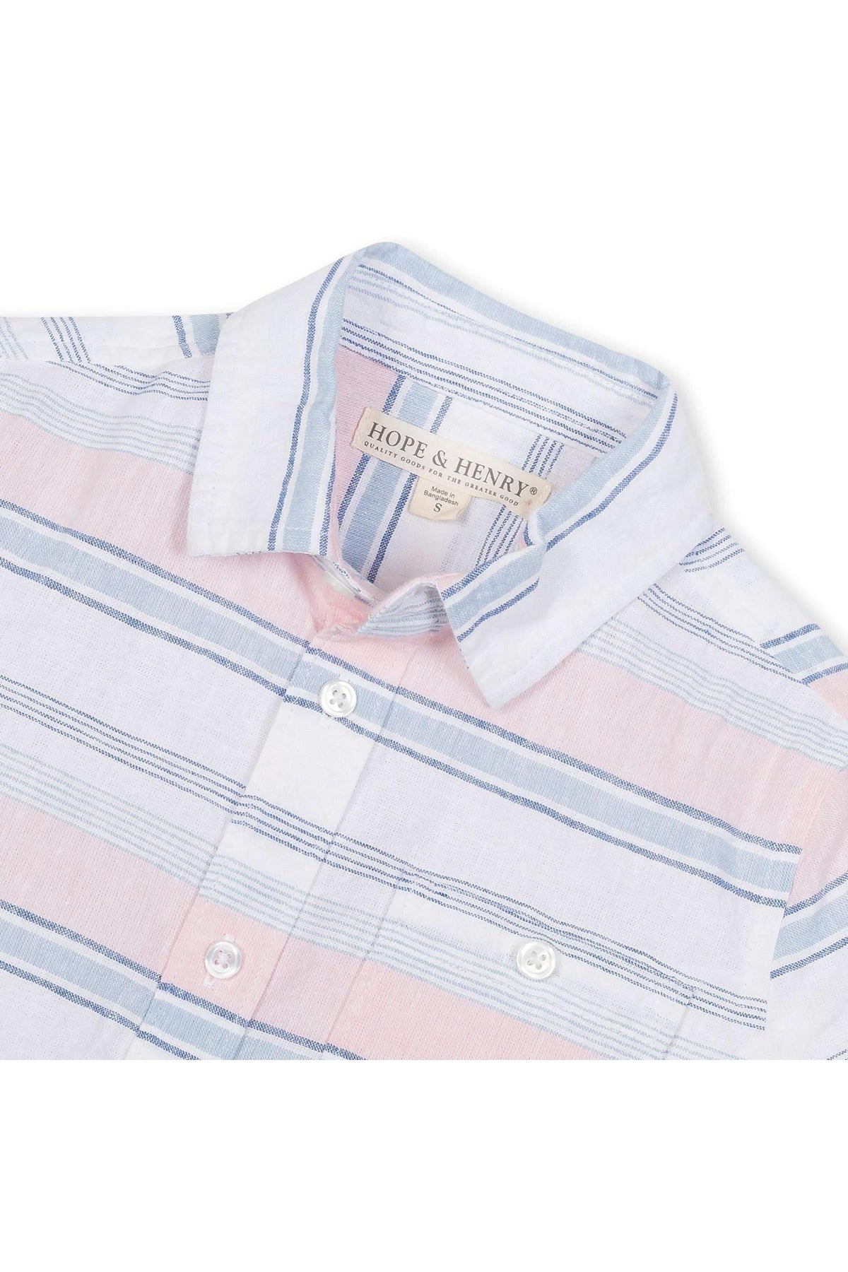 Lightweight linen button-down shirt by Hope & Henry features soft pink and blue stripes. Ideal for boys, it combines classic styling with breathable fabric for warm weather comfort.