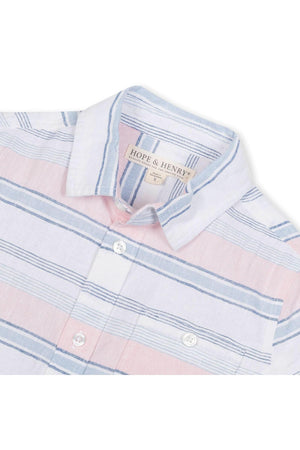 Lightweight linen button-down shirt by Hope & Henry features soft pink and blue stripes. Ideal for boys, it combines classic styling with breathable fabric for warm weather comfort.
