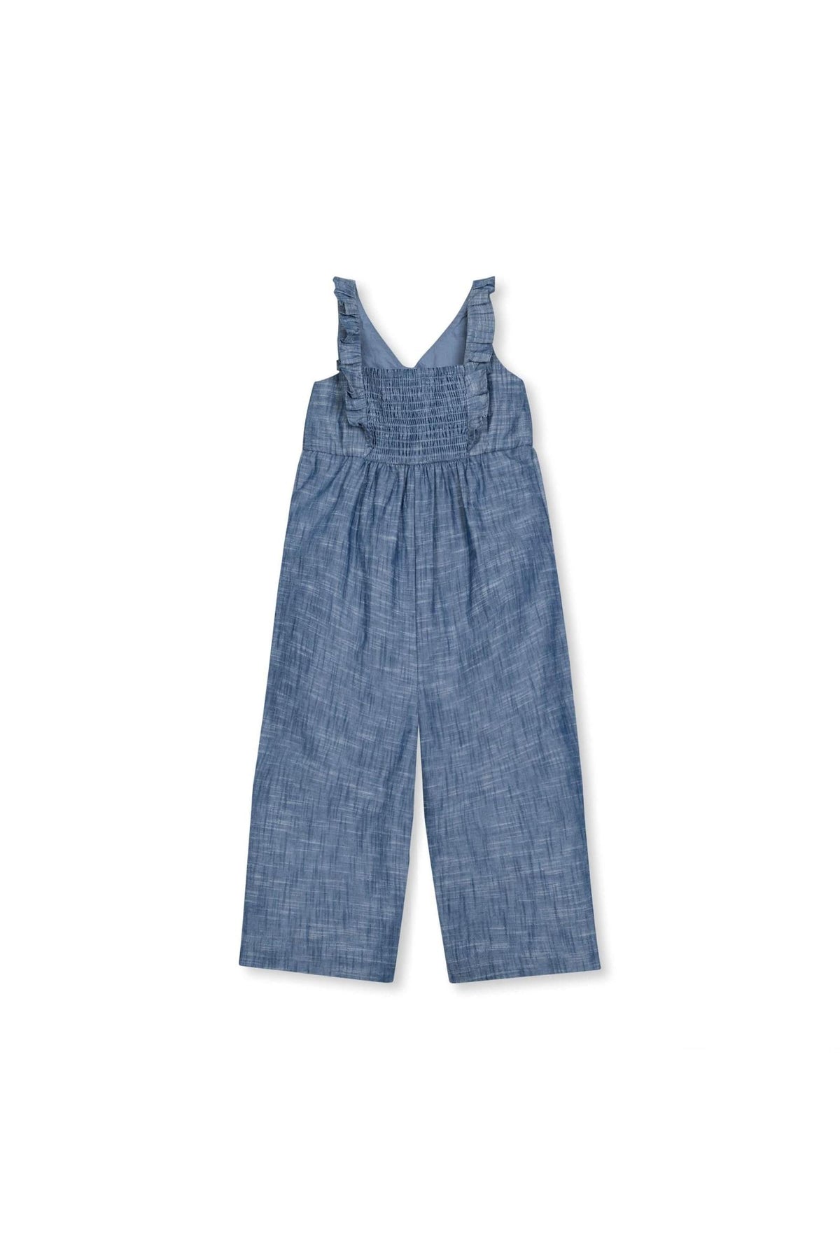 Chambray jumpsuit with ruffle neck detail, smocked back, and wide legs, made from soft organic cotton for toddlers.