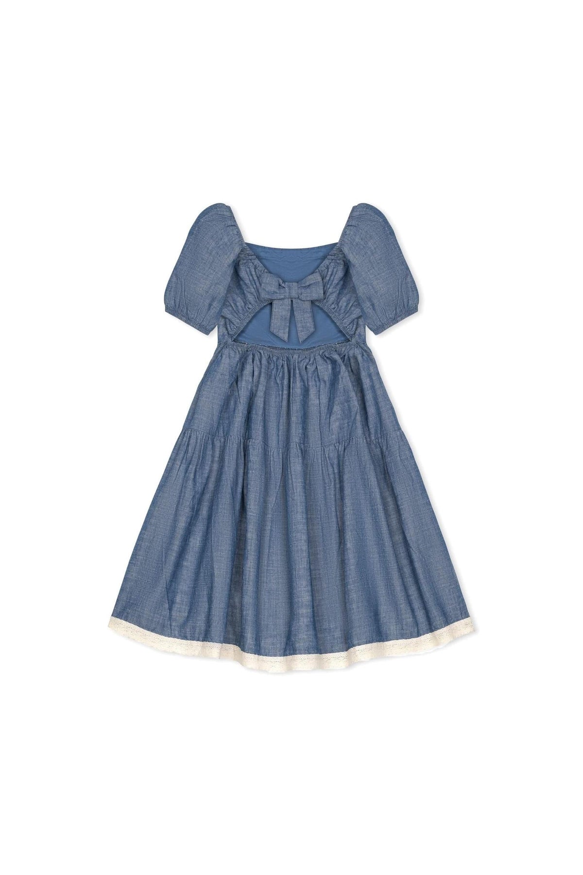 A chambray dress with bubble sleeves, featuring a tie-back bow and crochet trim along the hem, perfect for girls.