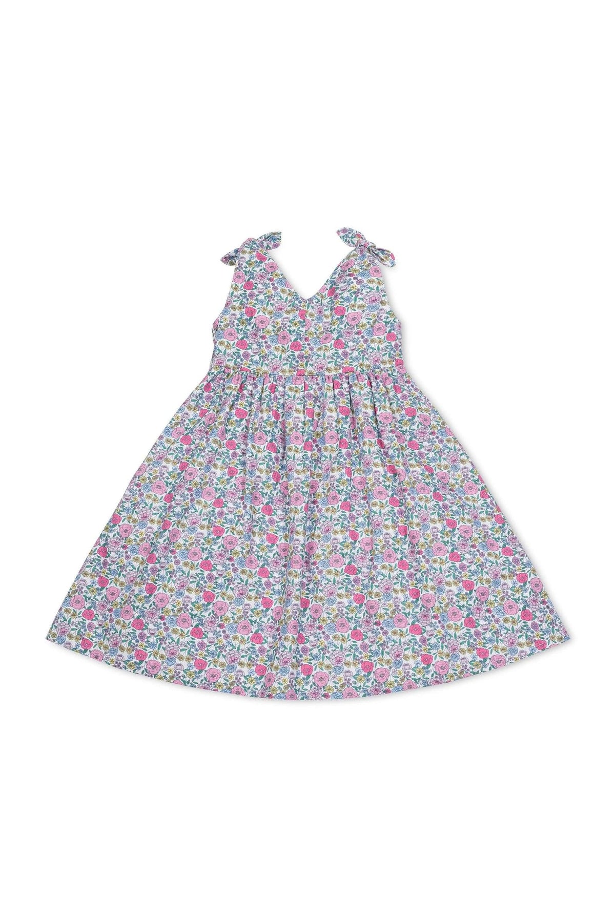 Floral linen swing dress featuring bow shoulder straps and a v-neck silhouette. The colorful pattern includes pink, purple, and green flowers, designed for toddlers and kids.