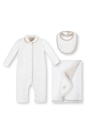 A three-piece baby gift set by Hope & Henry features a white organic cotton long-sleeve romper with a peter pan collar, a matching bib, and a quilted blanket in taupe.