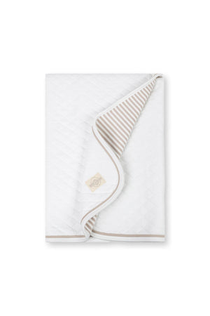 A soft, quilted baby blanket in white with a taupe striped lining. This organic cotton blanket is designed for newborns, providing comfort and warmth.