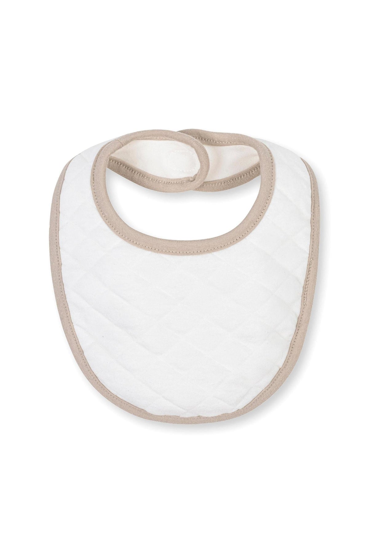 A quilted baby bib in white with taupe trim, designed for comfort and practicality. Made from organic cotton, it is ideal for newborns and ensures easy cleaning during mealtime.
