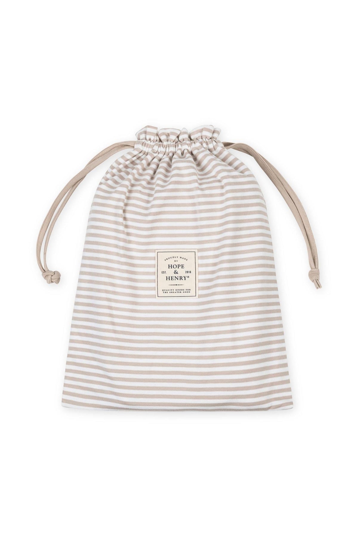 A light taupe and white striped drawstring bag features a rectangular label with Hope & Henry branding. The bag is made from soft, durable fabric, ideal for storing baby essentials.