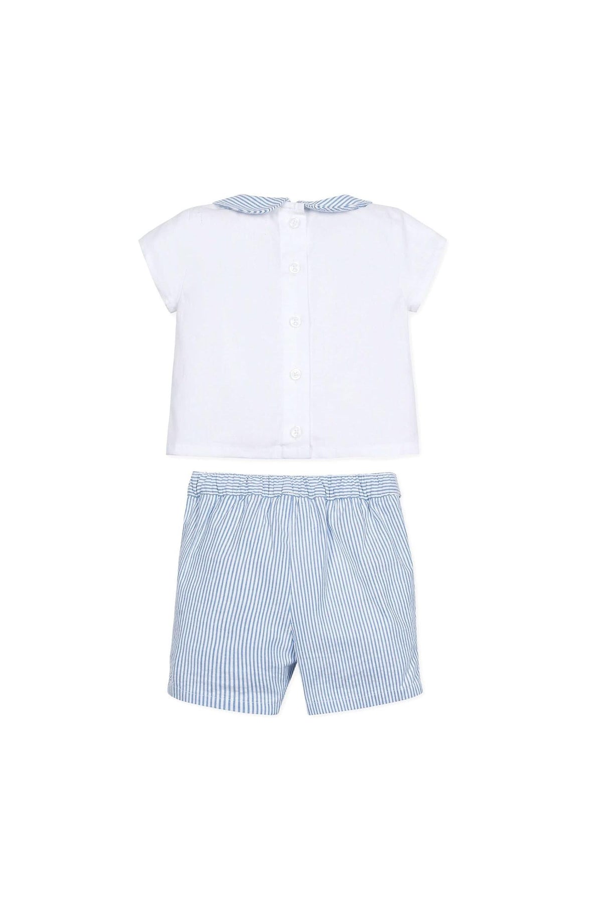 White short-sleeve shirt with a blue striped Peter Pan collar paired with blue and white striped shorts for baby boys.