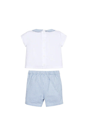 White short-sleeve shirt with a blue striped Peter Pan collar paired with blue and white striped shorts for baby boys.