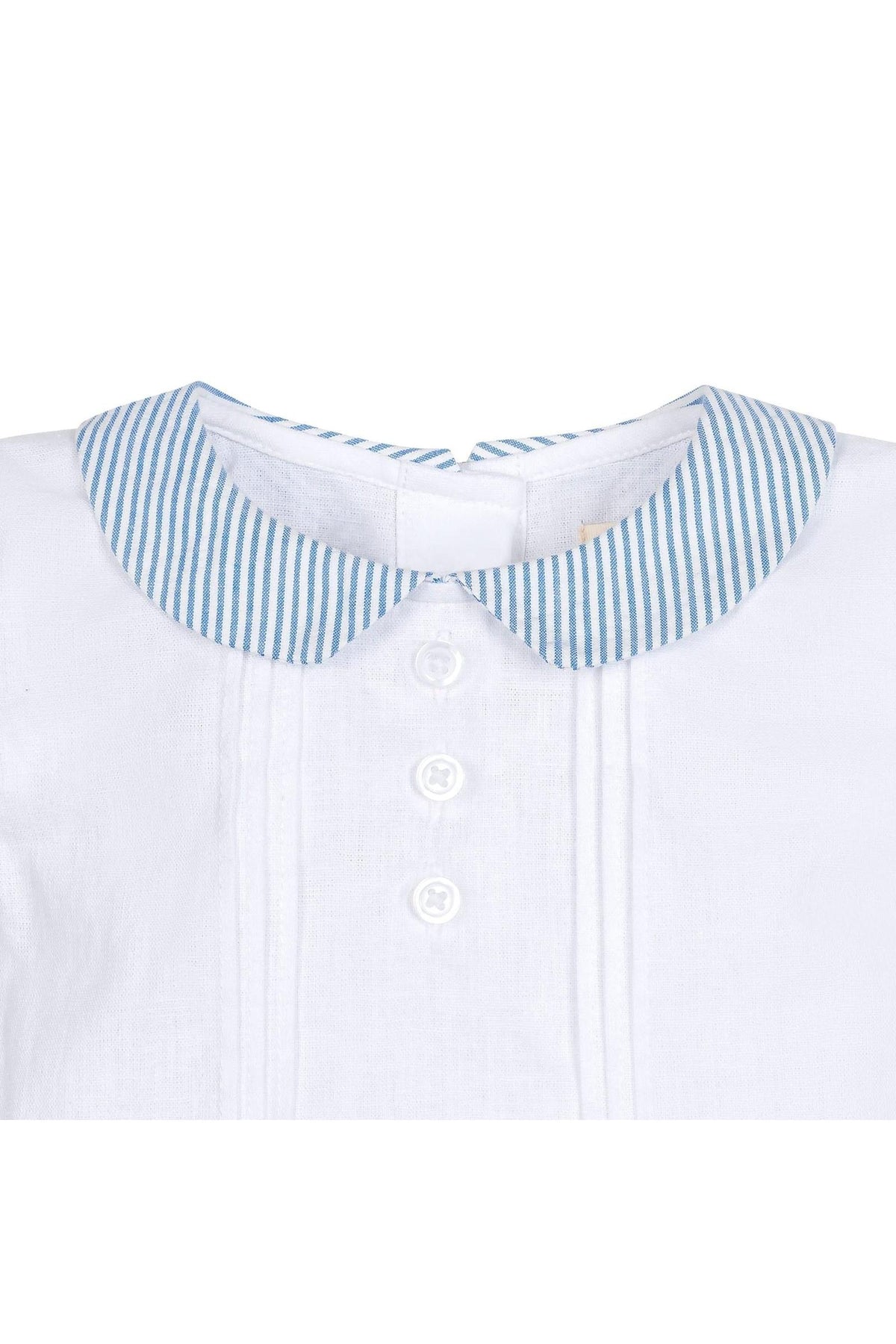White shirt featuring a blue and white striped Peter Pan collar, with pintuck detailing and front buttons.