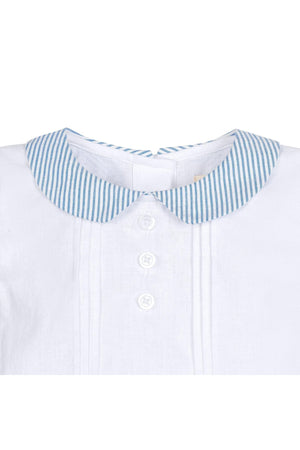 White shirt featuring a blue and white striped Peter Pan collar, with pintuck detailing and front buttons.