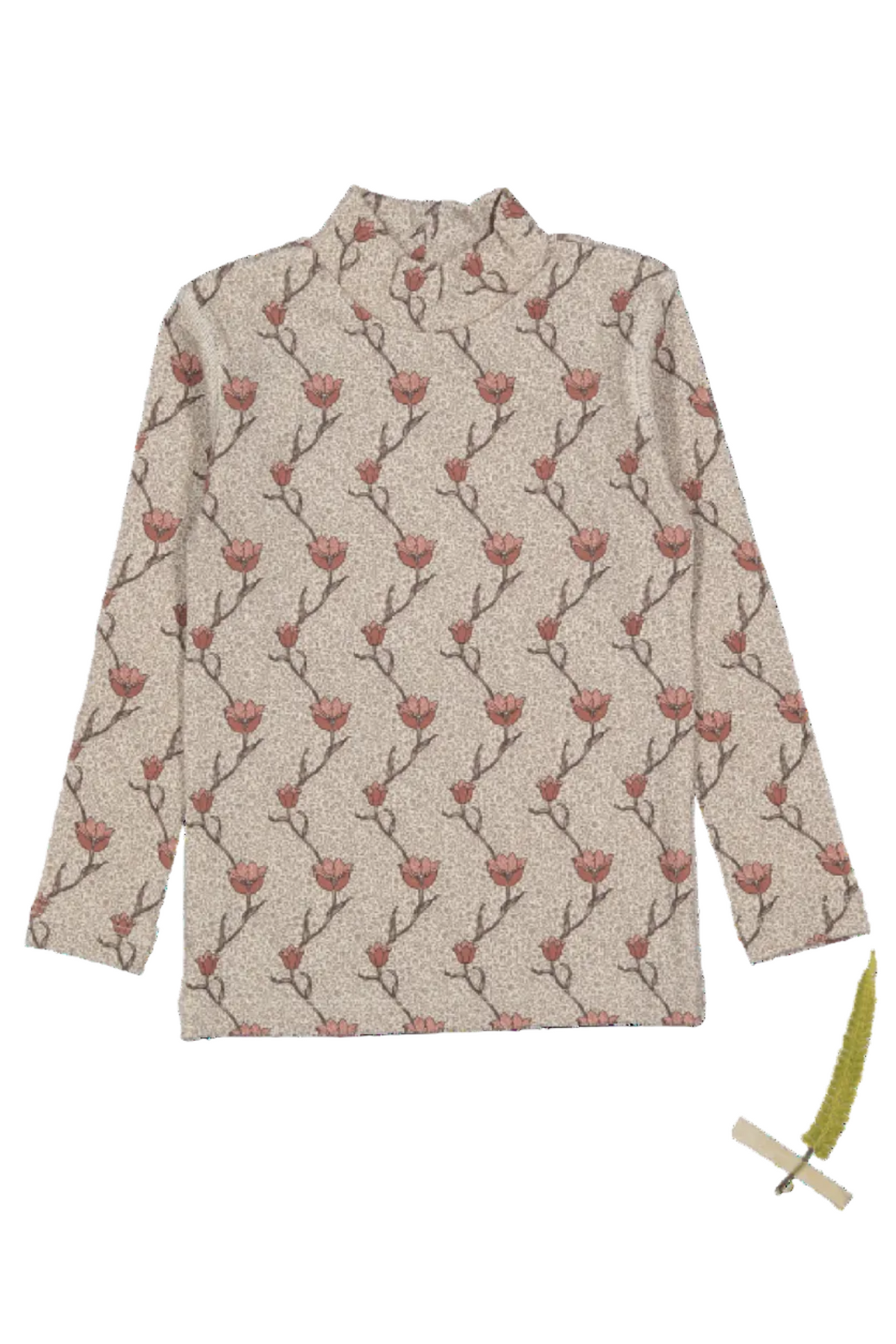 A cozy, lightweight turtleneck in soft, organic cotton features a charming floral print in muted tones. Designed for toddlers and kids, it offers comfort for everyday wear and play.