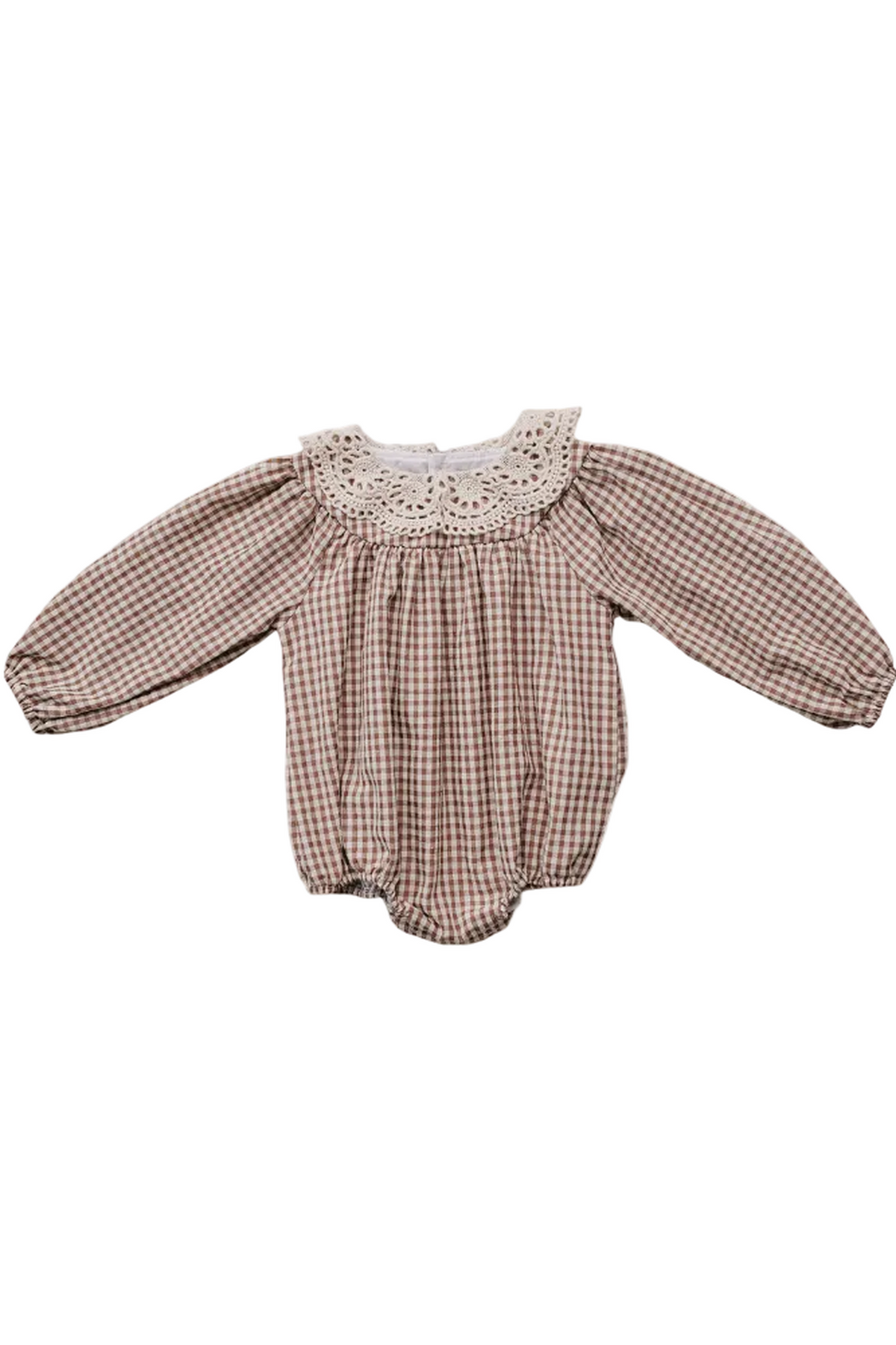 A baby girls bubble romper features a charming camel gingham pattern with a delicate lace collar. Made from soft, breathable cotton, it offers comfort for everyday wear and play.