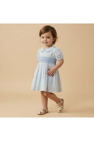 A young girl stands in a light blue organic cotton dress with a smocked collar and short puff sleeves.