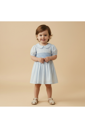 A toddler smiles while wearing a light blue organic cotton smocked collar dress with puff sleeves. The dress features a classic collar and is set against a soft beige background.