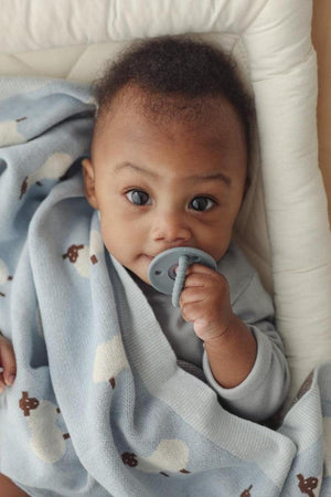 A baby wrapped in a blue blanket with sheep patterns, holding a gray pacifier. The setting is cozy.