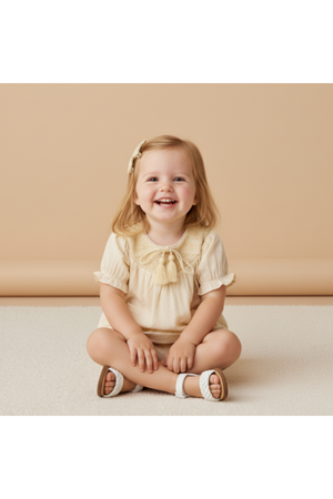 A smiling toddler sits cross-legged on a soft surface, wearing a light yellow smocked top with a bow and delicate details.