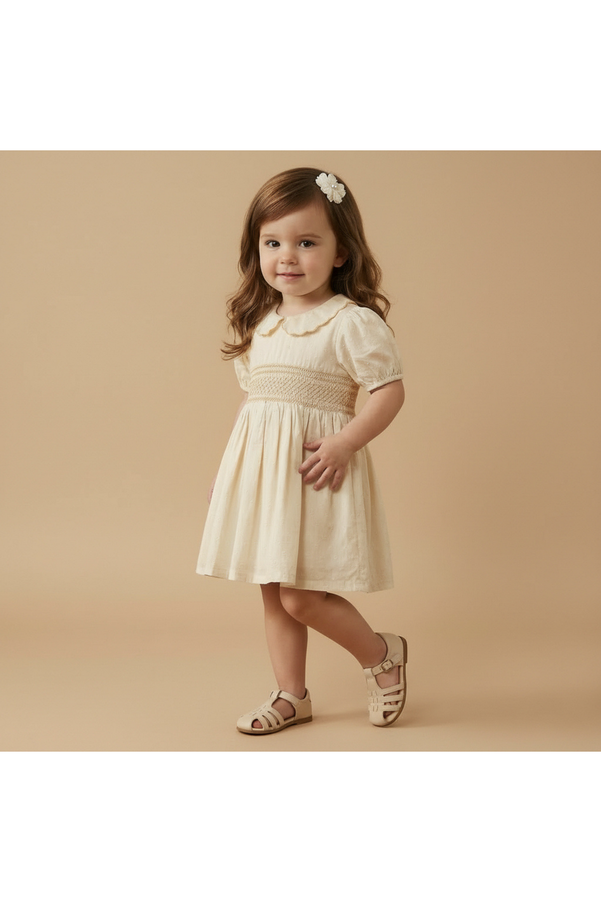 A young girl stands against a soft beige background, wearing a butter yellow smocked collar dress made from organic cotton, paired with light sandals and a white hair accessory.