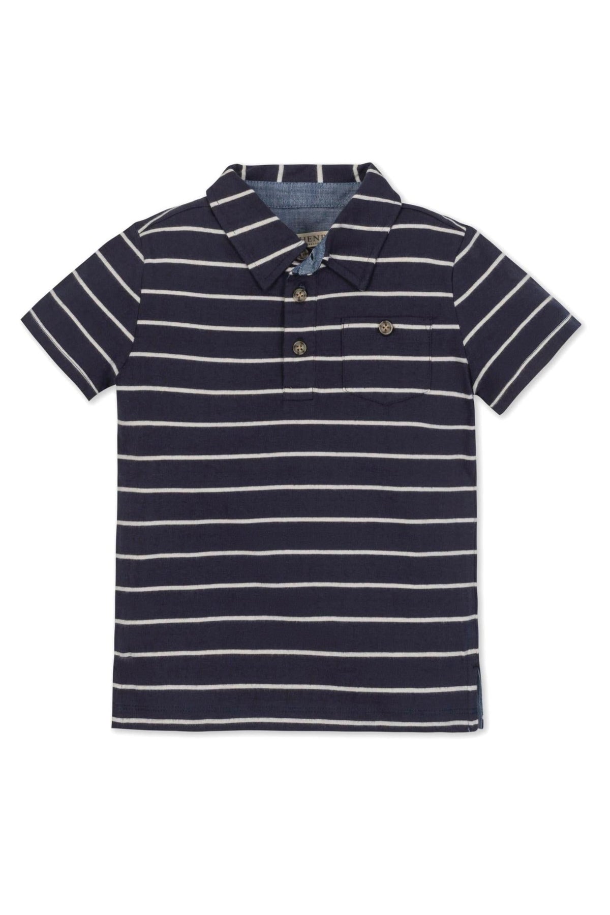 Navy blue organic cotton polo shirt featuring white Breton stripes, a button-down collar, and a chest pocket. Ideal for boys.