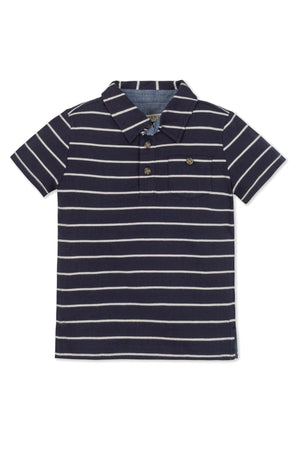 Navy blue organic cotton polo shirt featuring white Breton stripes, a button-down collar, and a chest pocket. Ideal for boys.