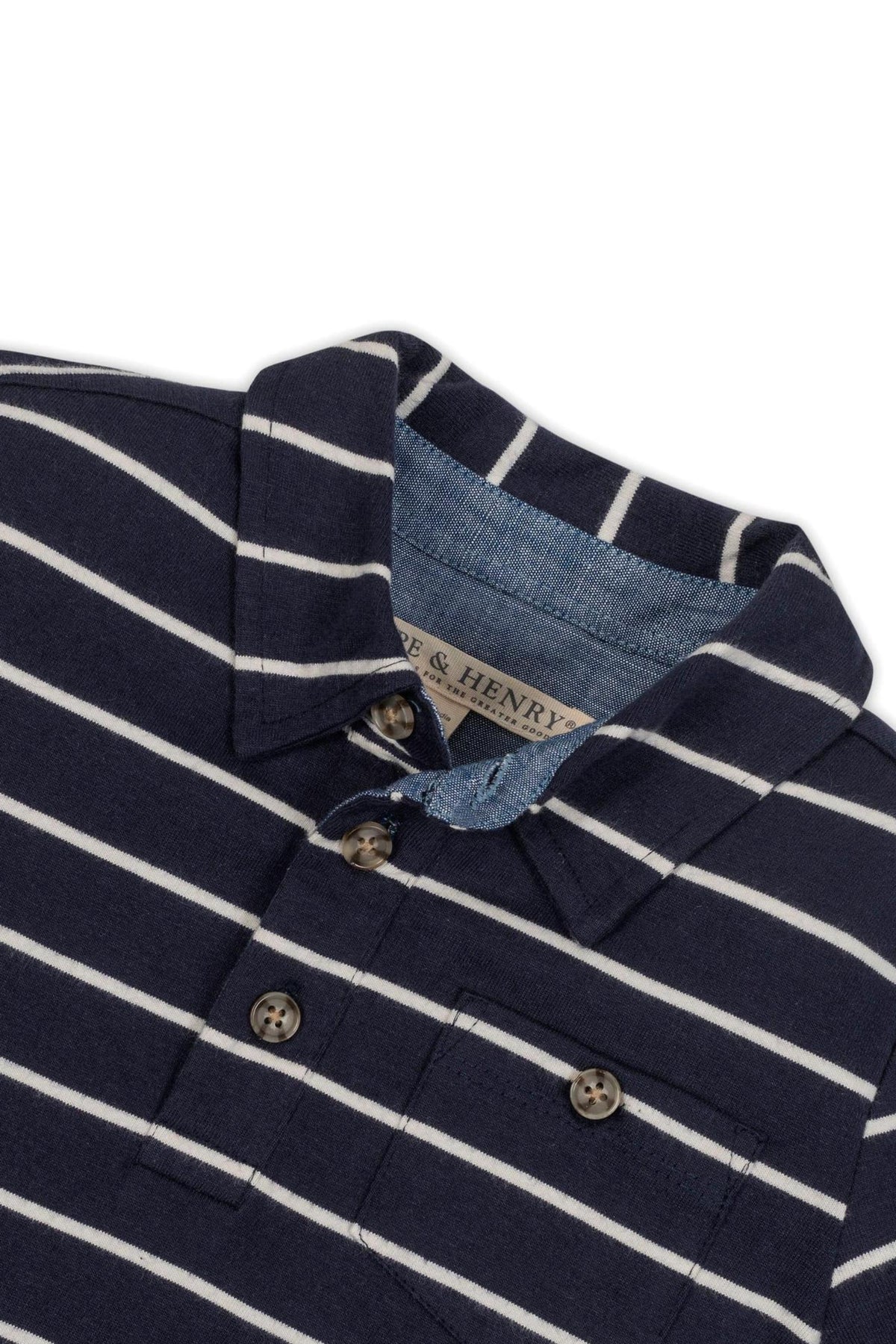 Navy blue polo shirt with white stripes, featuring a button-down collar and a small chest pocket.
