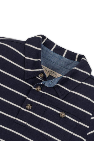 Navy blue polo shirt with white stripes, featuring a button-down collar and a small chest pocket.