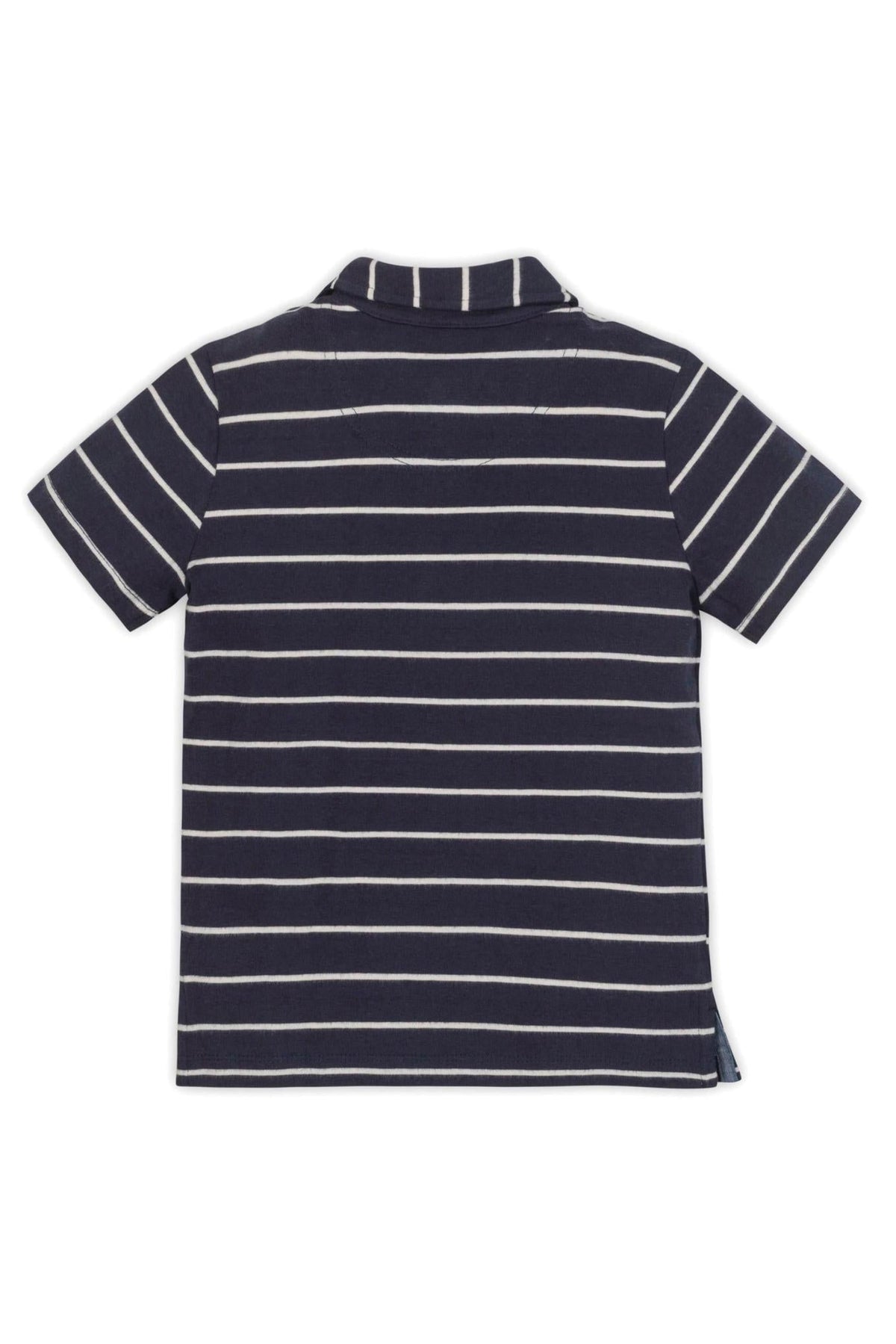 Navy blue polo shirt with white stripes, featuring a classic collar and short sleeves, made from organic cotton.