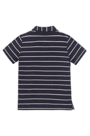 Navy blue polo shirt with white stripes, featuring a classic collar and short sleeves, made from organic cotton.