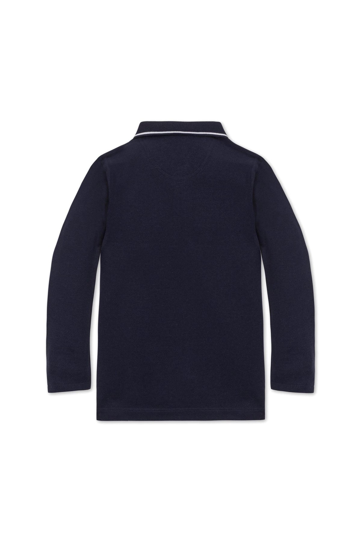 Back view of a navy long sleeve polo shirt featuring a classic pointed collar and a clean design. Made from soft organic cotton, its suitable for boys aged 2T-14.